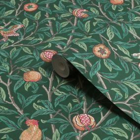 William Morris Gallery Collection Deep Green Bird & Pomegranate Smooth Wallpaper