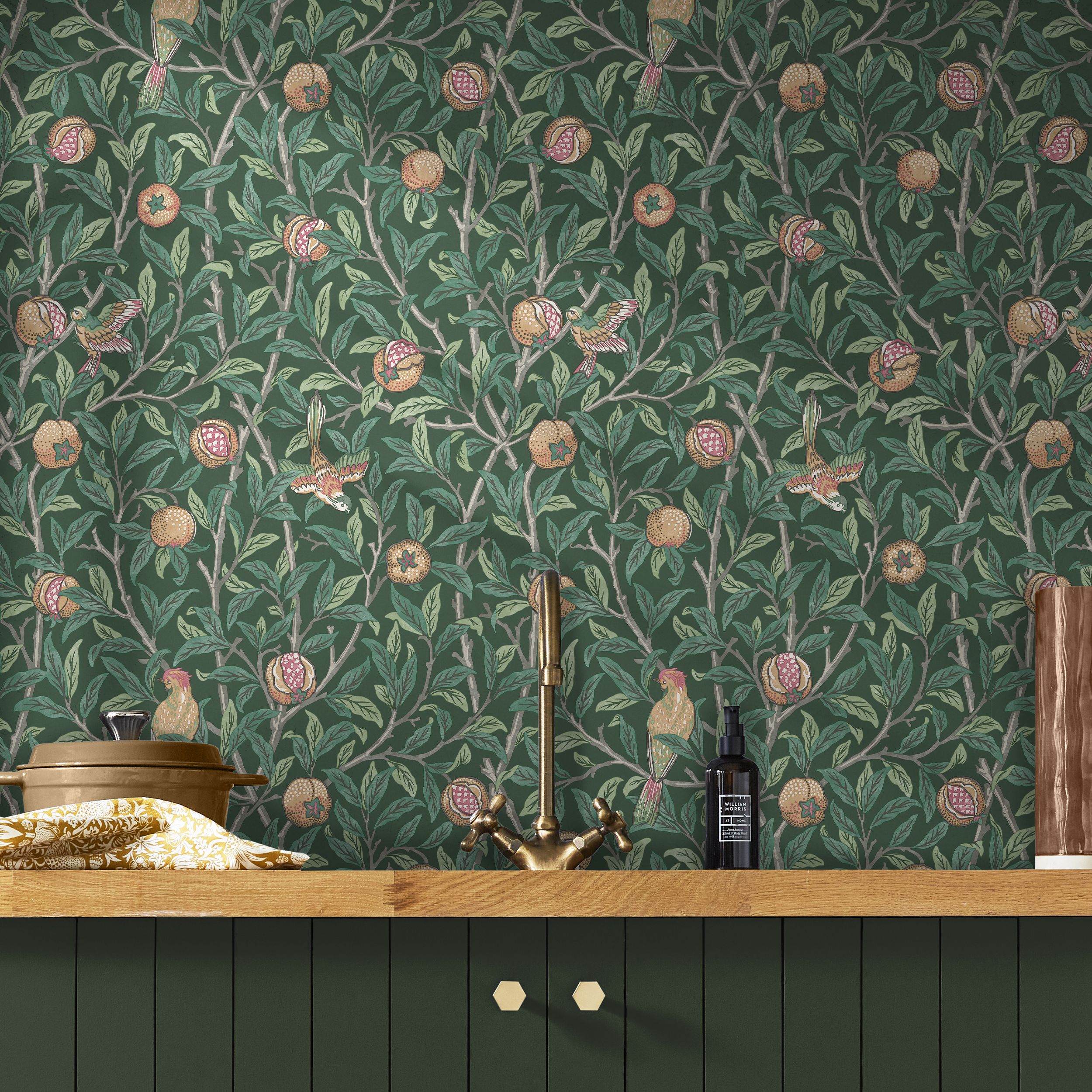 William Morris Gallery Collection Deep Green Bird & Pomegranate Smooth Wallpaper