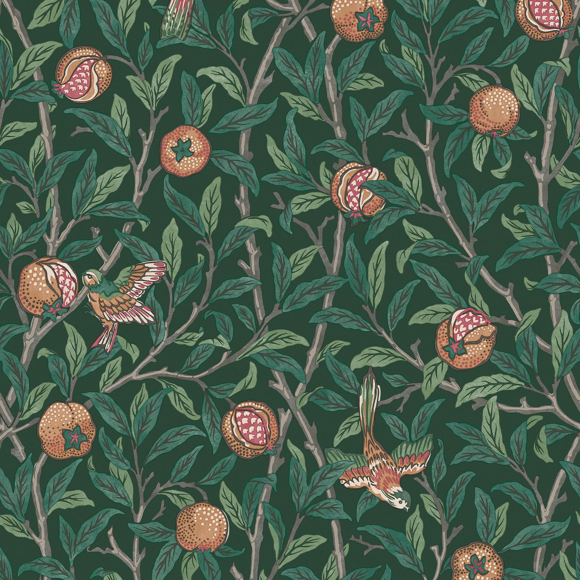 William Morris Gallery Collection Deep Green Bird & Pomegranate Smooth Wallpaper