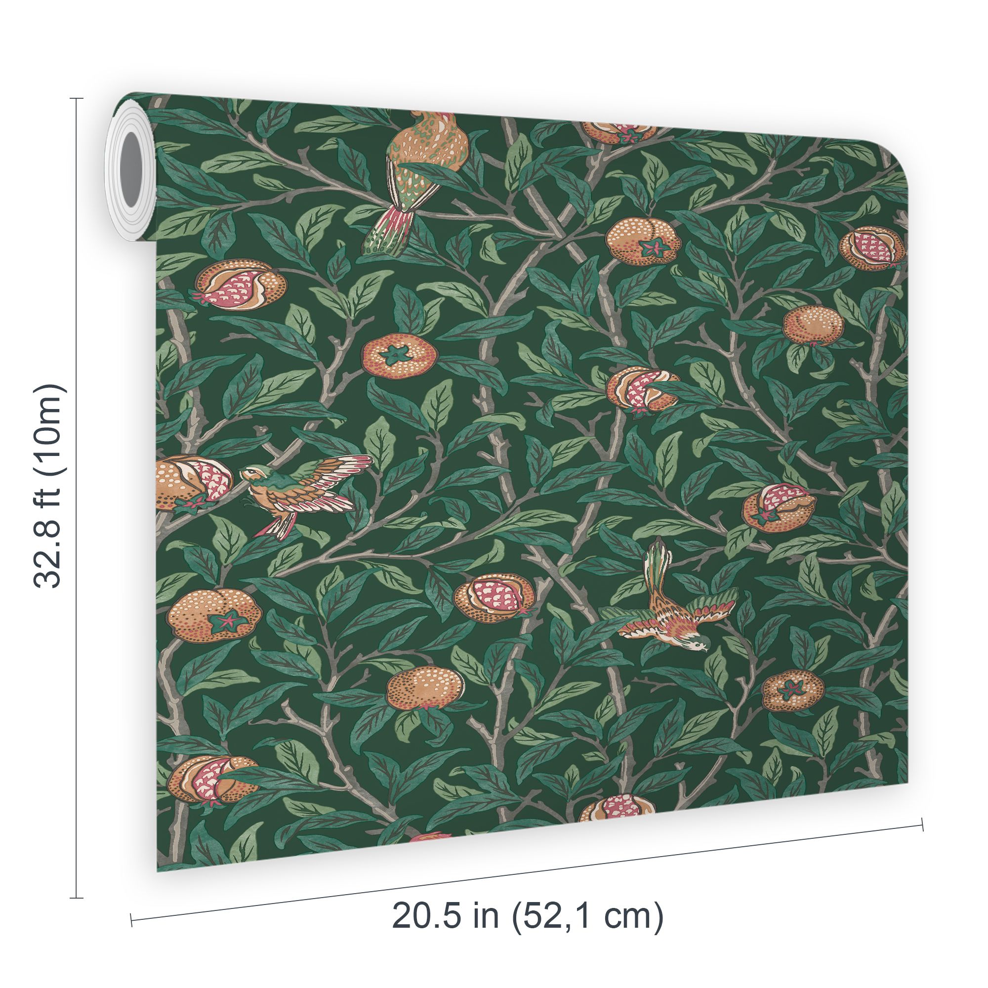 William Morris Gallery Collection Deep Green Bird & Pomegranate Smooth Wallpaper