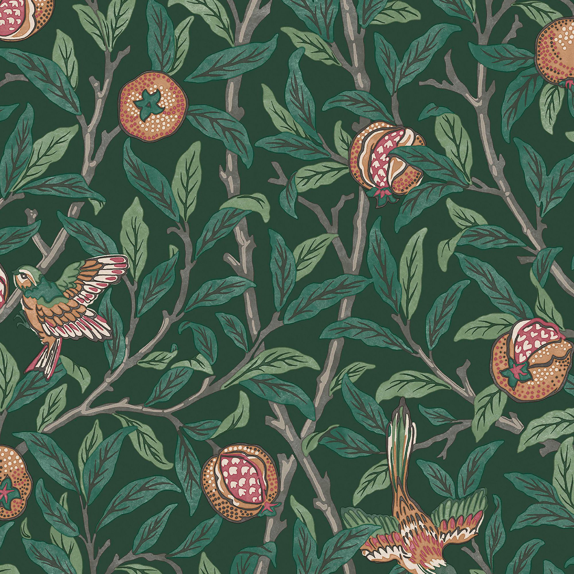 William Morris Gallery Collection Deep Green Bird & Pomegranate Smooth Wallpaper