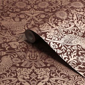 William Morris Gallery Collection Fibrous Burgundy Strawberry Thief Metallic effect Smooth Wallpaper