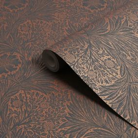 William Morris Gallery Collection Fibrous Charcoal Marigold Metallic effect Smooth Wallpaper
