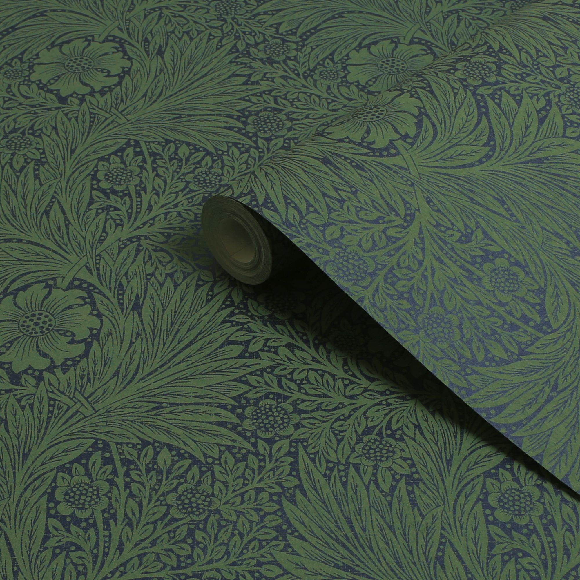 William Morris Gallery Collection Fibrous Green Marigold Metallic effect Smooth Wallpaper