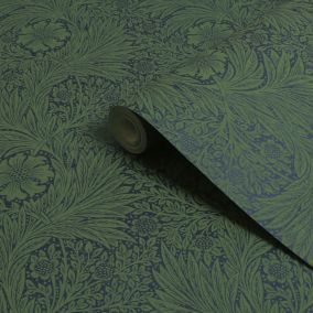 William Morris Gallery Collection Fibrous Green Marigold Metallic effect Smooth Wallpaper