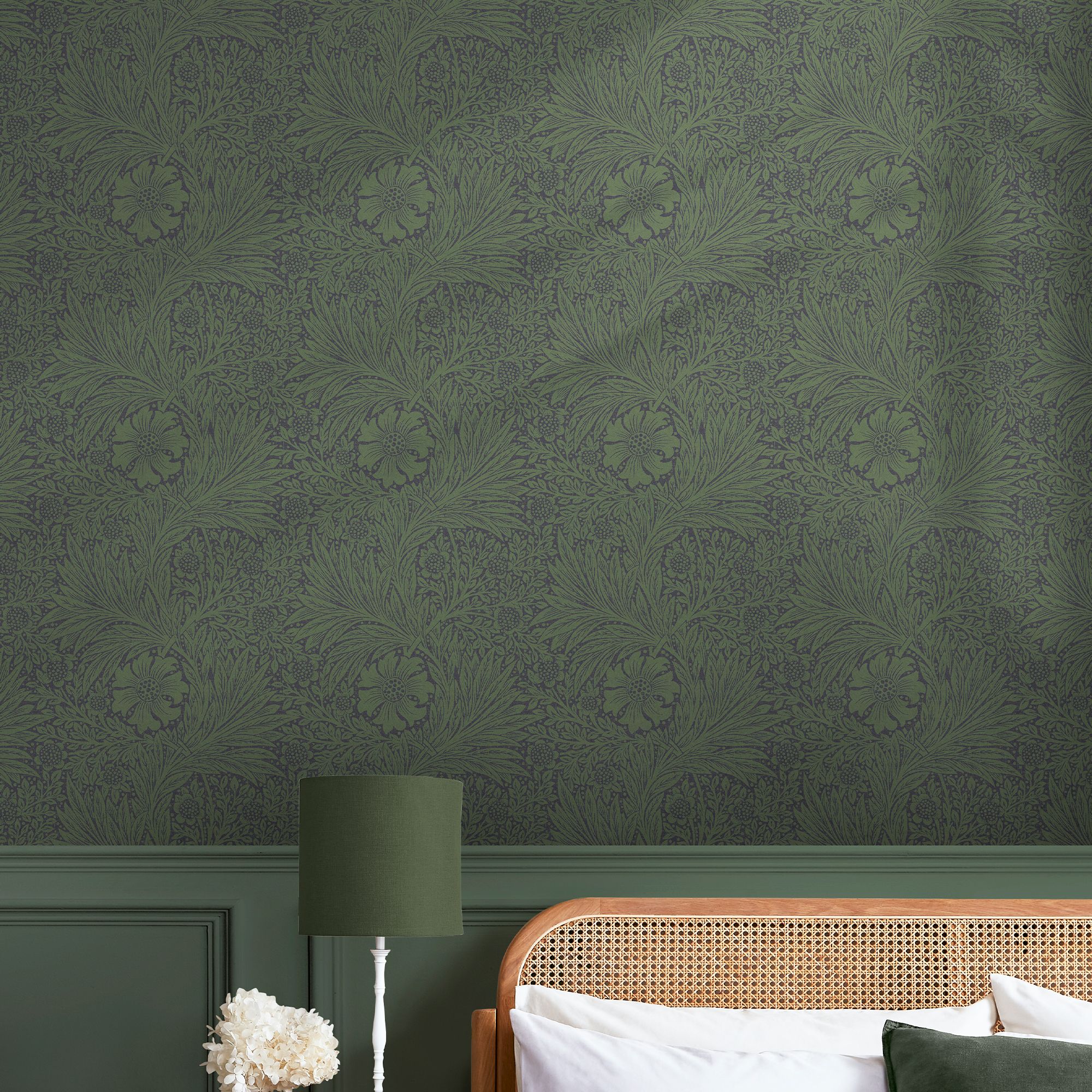 William Morris Gallery Collection Fibrous Green Marigold Metallic effect Smooth Wallpaper