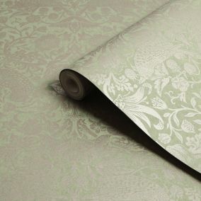 William Morris Gallery Collection Fibrous Sage Strawberry Thief Metallic effect Smooth Wallpaper