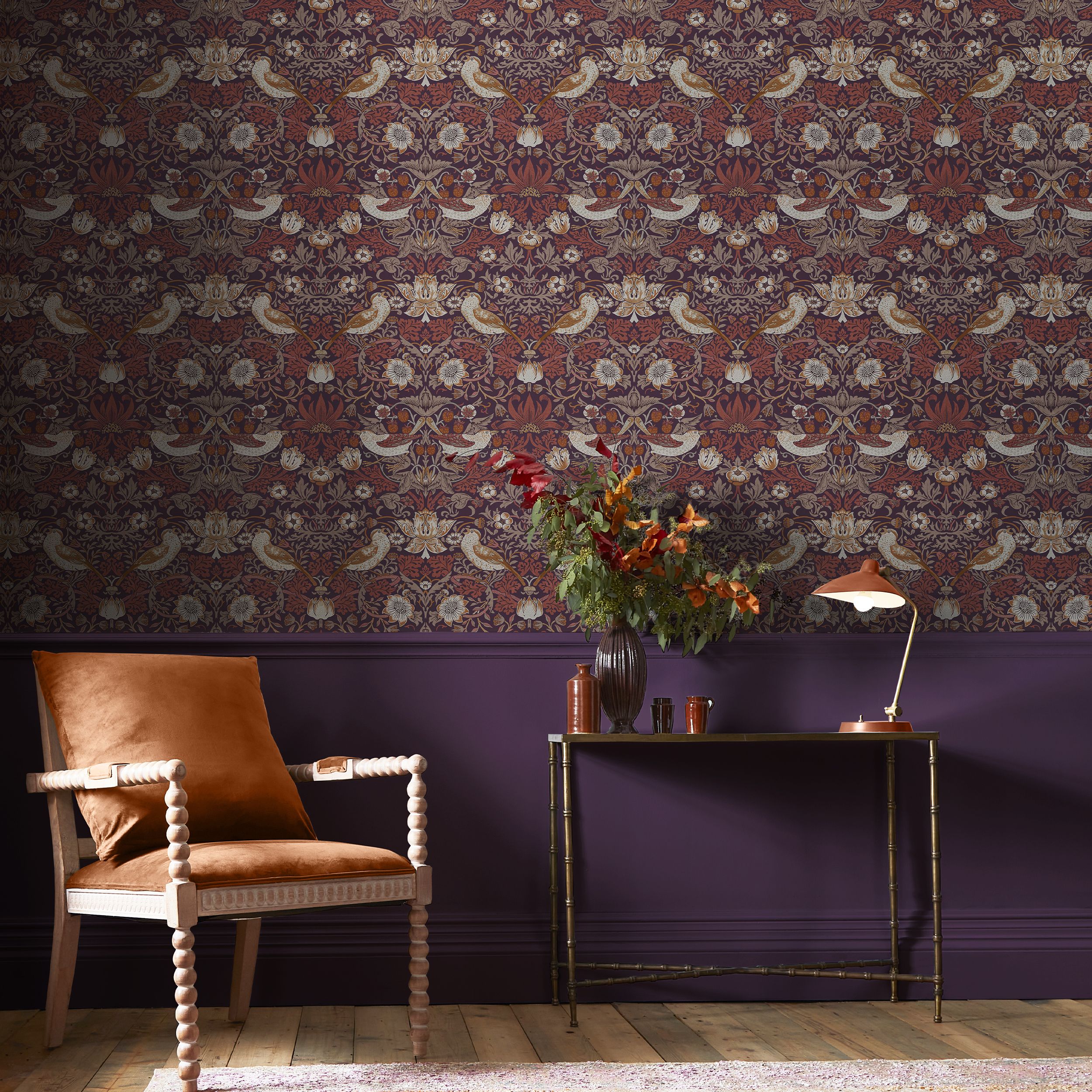 William Morris Gallery Collection Plum Strawberry Thief Smooth Wallpaper