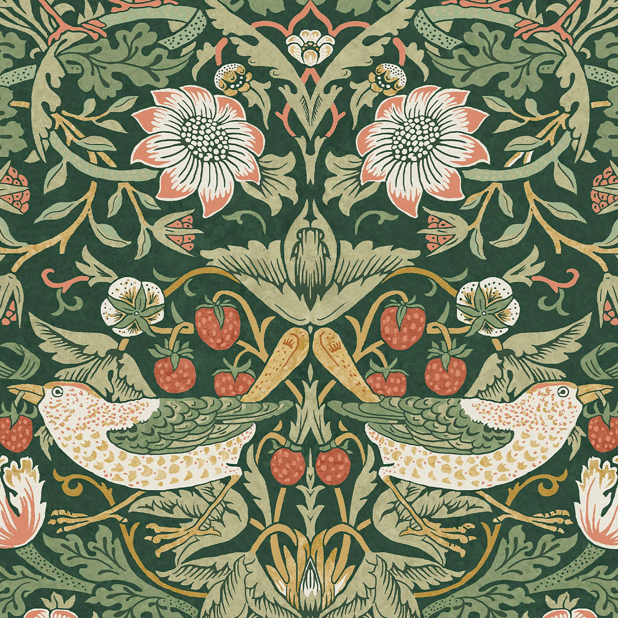 William Morris Gallery Collection Rich Green Strawberry Thief Smooth Wallpaper
