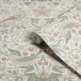 William Morris Gallery Collection Sage & Pink Strawberry Thief Smooth Wallpaper