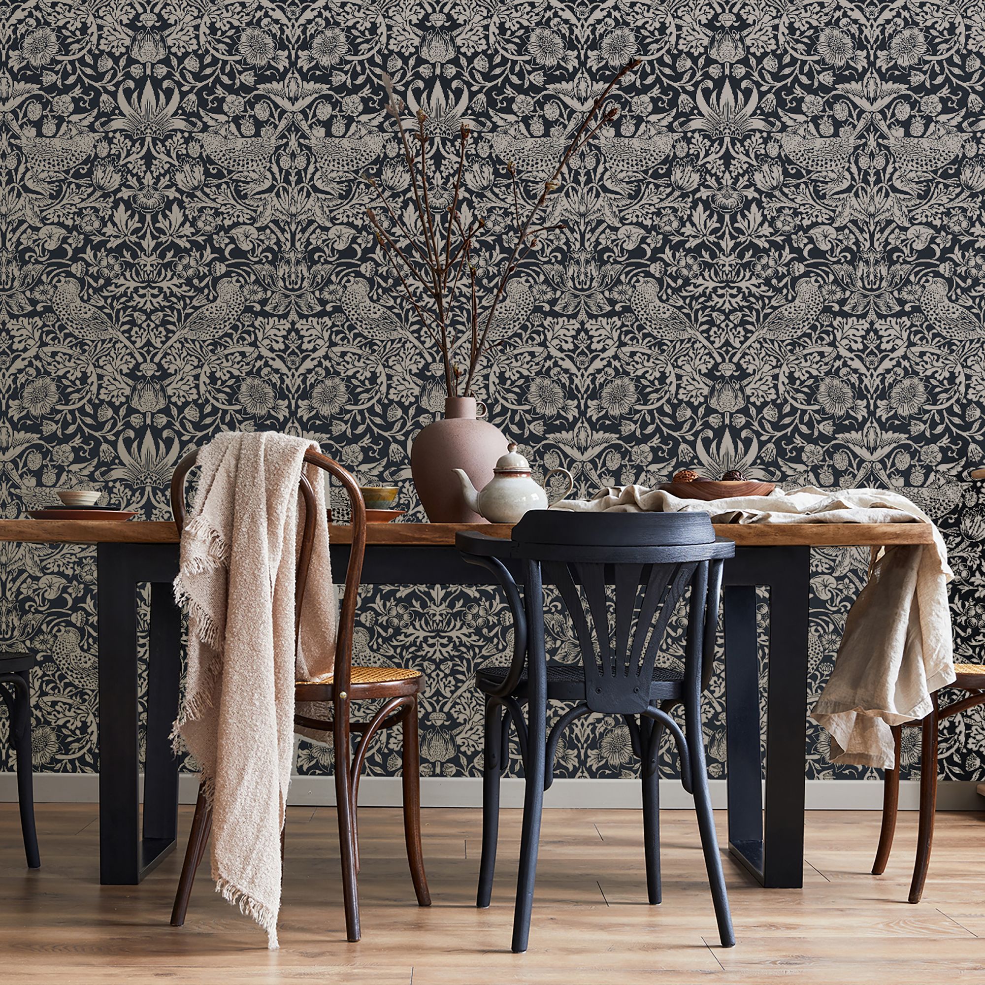 William Morris Rich Blue Strawberry Thief Metallic effect Patterned Smooth Wallpaper