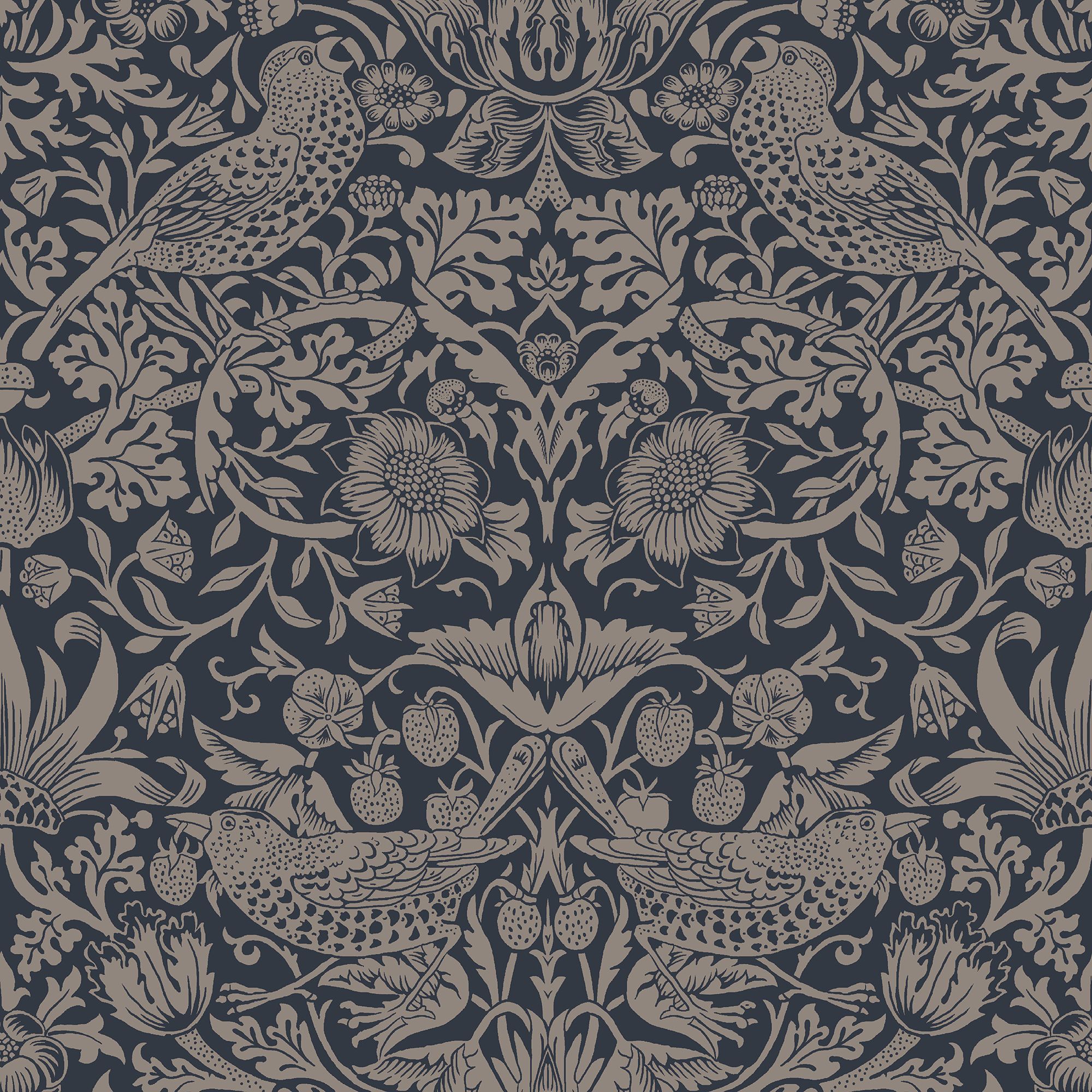 William Morris Rich Blue Strawberry Thief Metallic effect Patterned Smooth Wallpaper