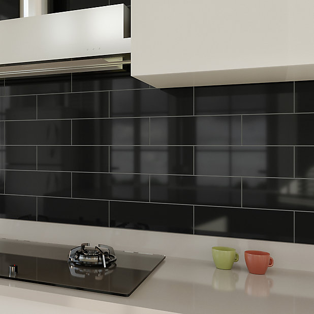 Windsor Black Gloss Ceramic Wall Tile, Wall Tile Kitchen