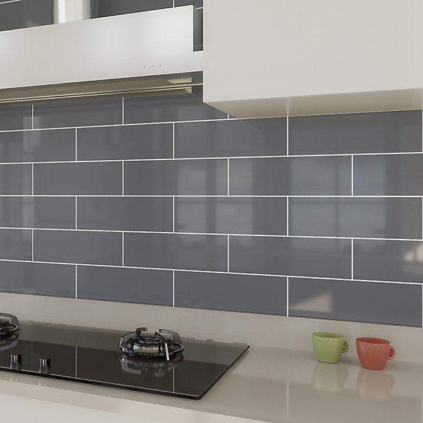 Windsor Grey Gloss Ceramic Wall Tile, Light Grey Kitchen Wall Tiles