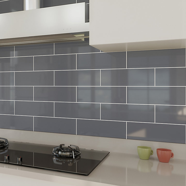 Windsor Grey Gloss Ceramic Wall Tile, Gray Kitchen Tile