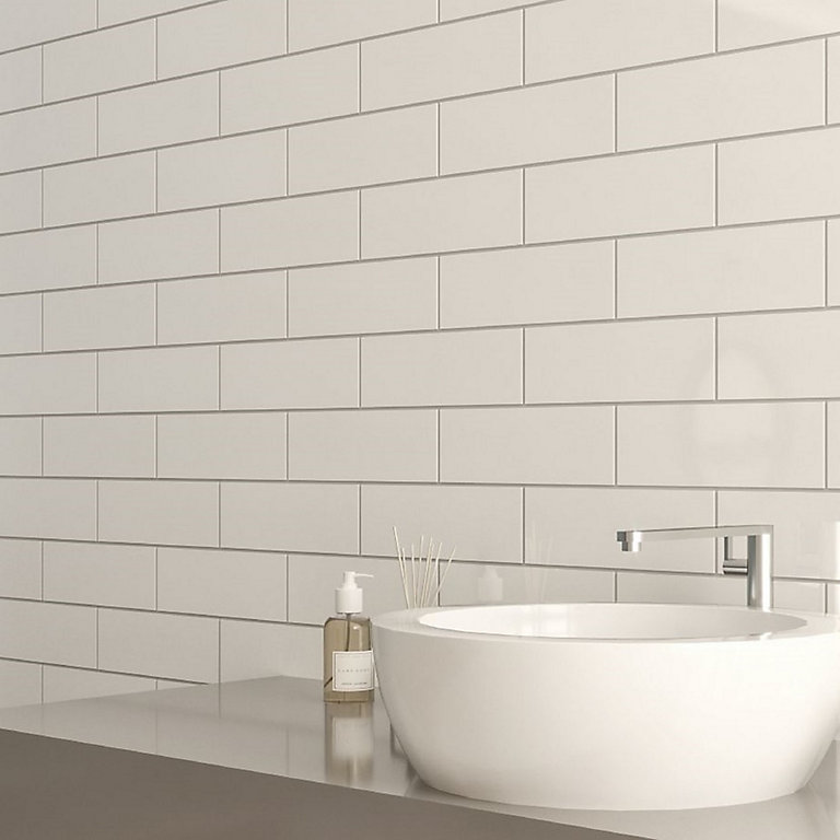 Windsor White Gloss Ceramic Wall Tile, Dark Grey Gloss Bathroom Wall Tiles