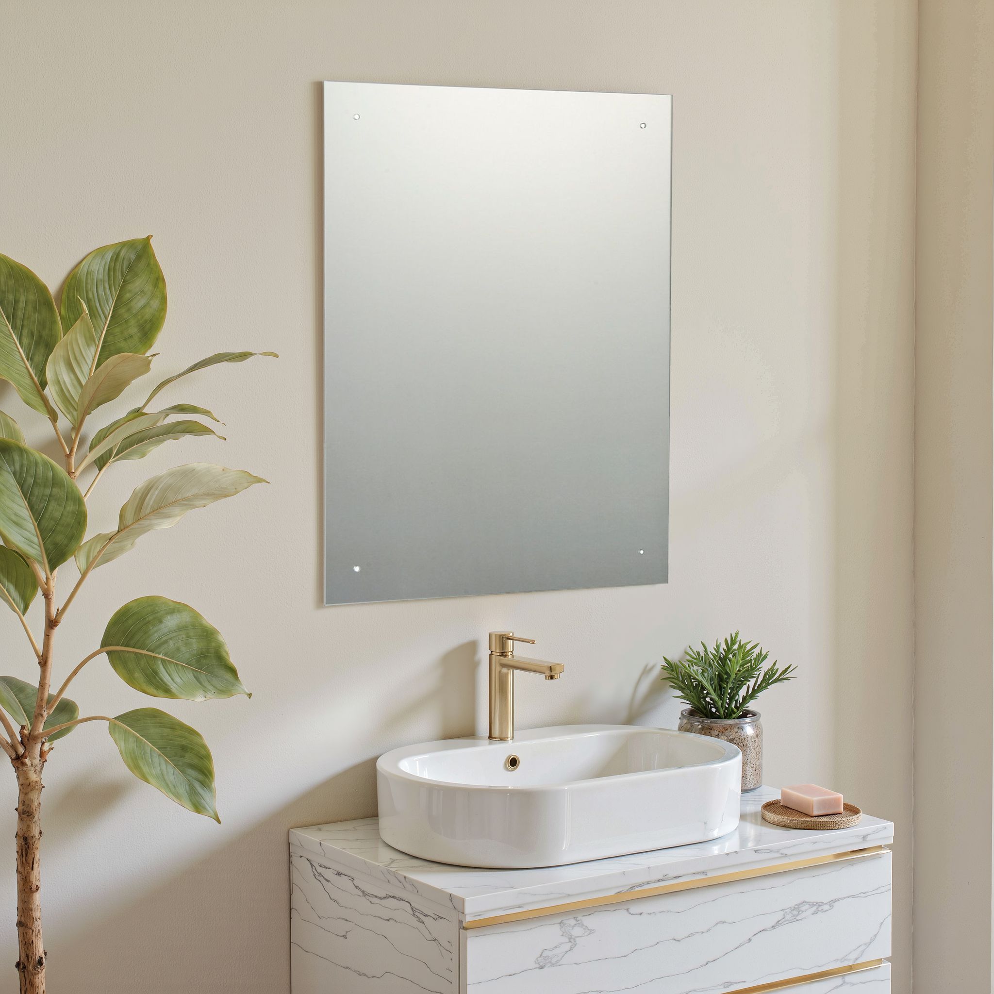 x4 Pre-drilled holes Clear Rectangular Frameless Mirror (H)60cm (W)45cm