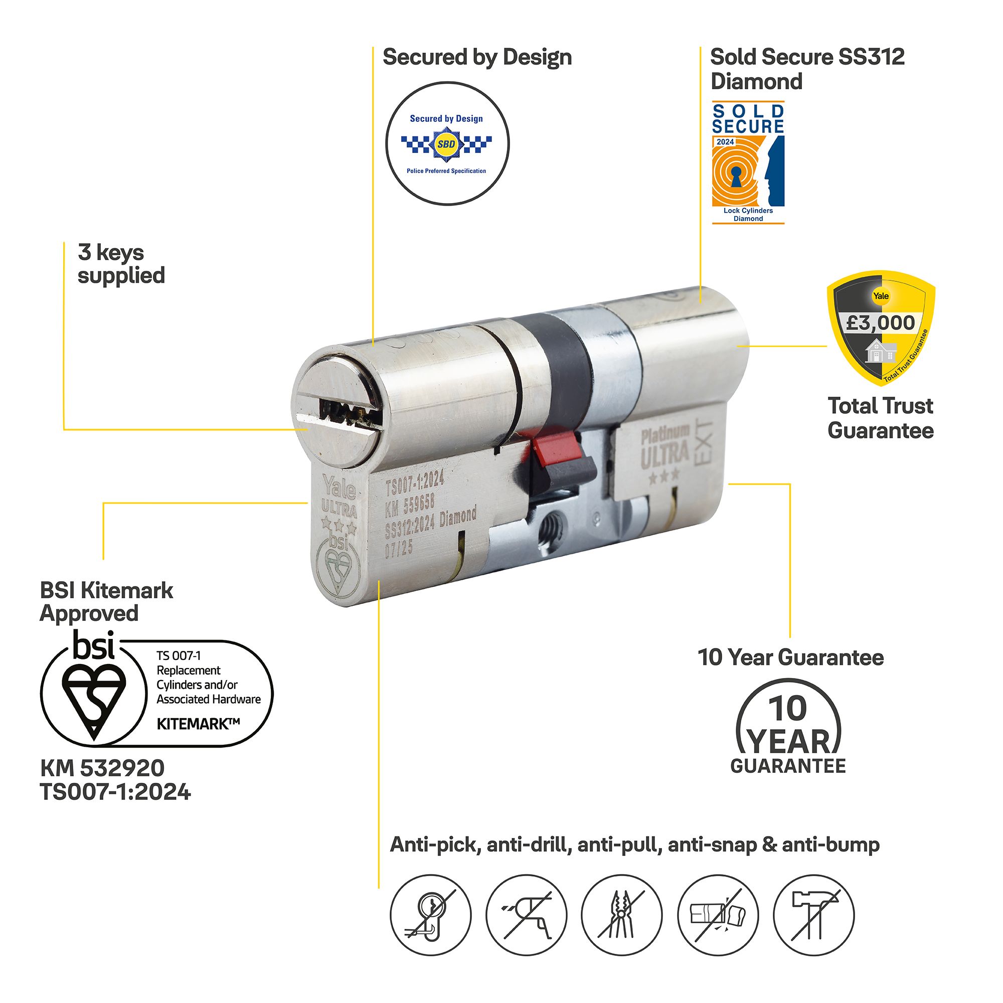Yale Platinum ultra 3 star Nickel effect 35/35 Double Euro Cylinder lock
