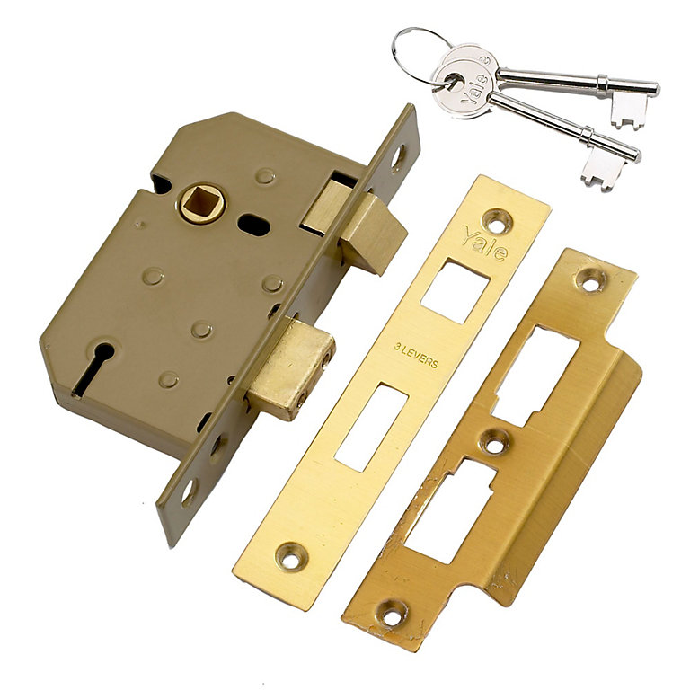 Brass Straight Lever Lock Door Handle Set 3 Lever 64mm Sashlock & 3 x 4" Hinges 
