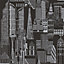 Yopo Black Metallic effect Cityscape Textured Wallpaper Sample