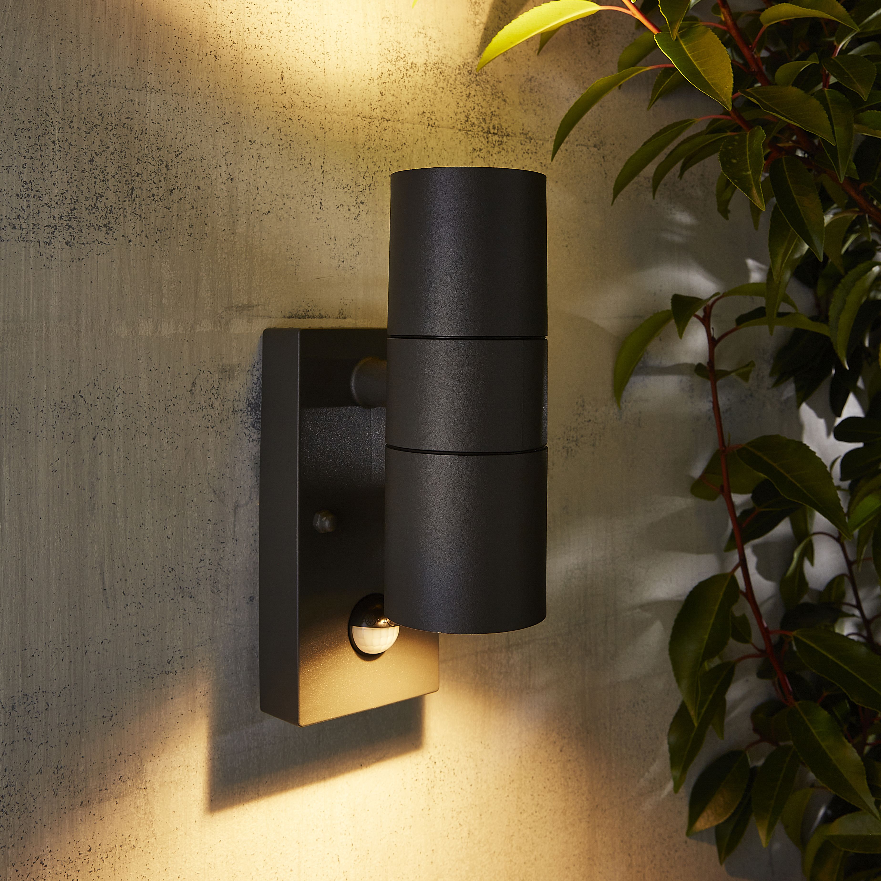 Zinc Odin Fixed Matt Black LED PIR Motion sensor Outdoor Modern Wall light 7W