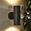 Zinc Odin Fixed Matt Black Mains-powered LED Outdoor Up & Down ON/OFF Wall light (Dia)6cm