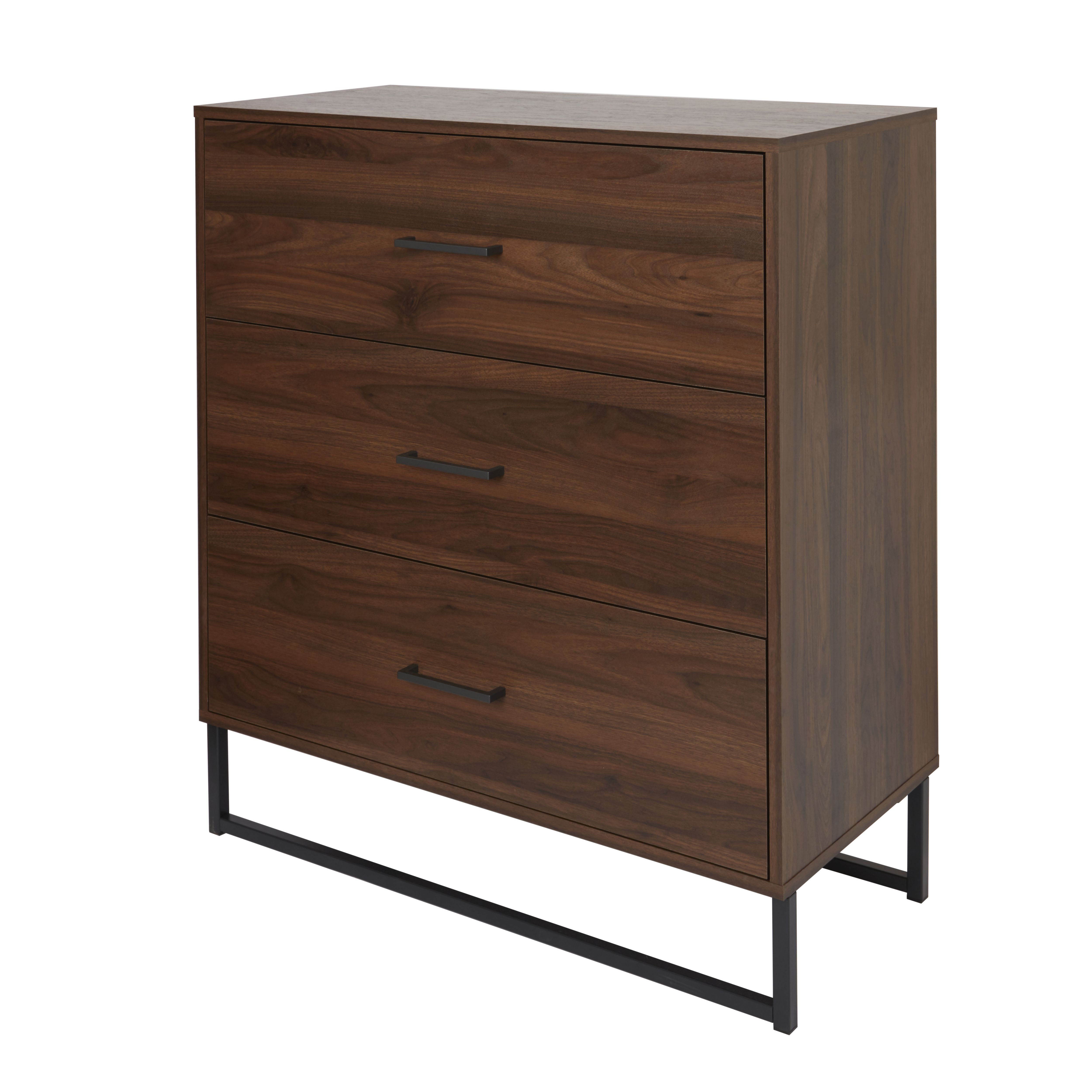 Zorras Matt walnut effect 3 Drawer Industrial Deep Chest (H)950mm (W)850mm (D)400mm