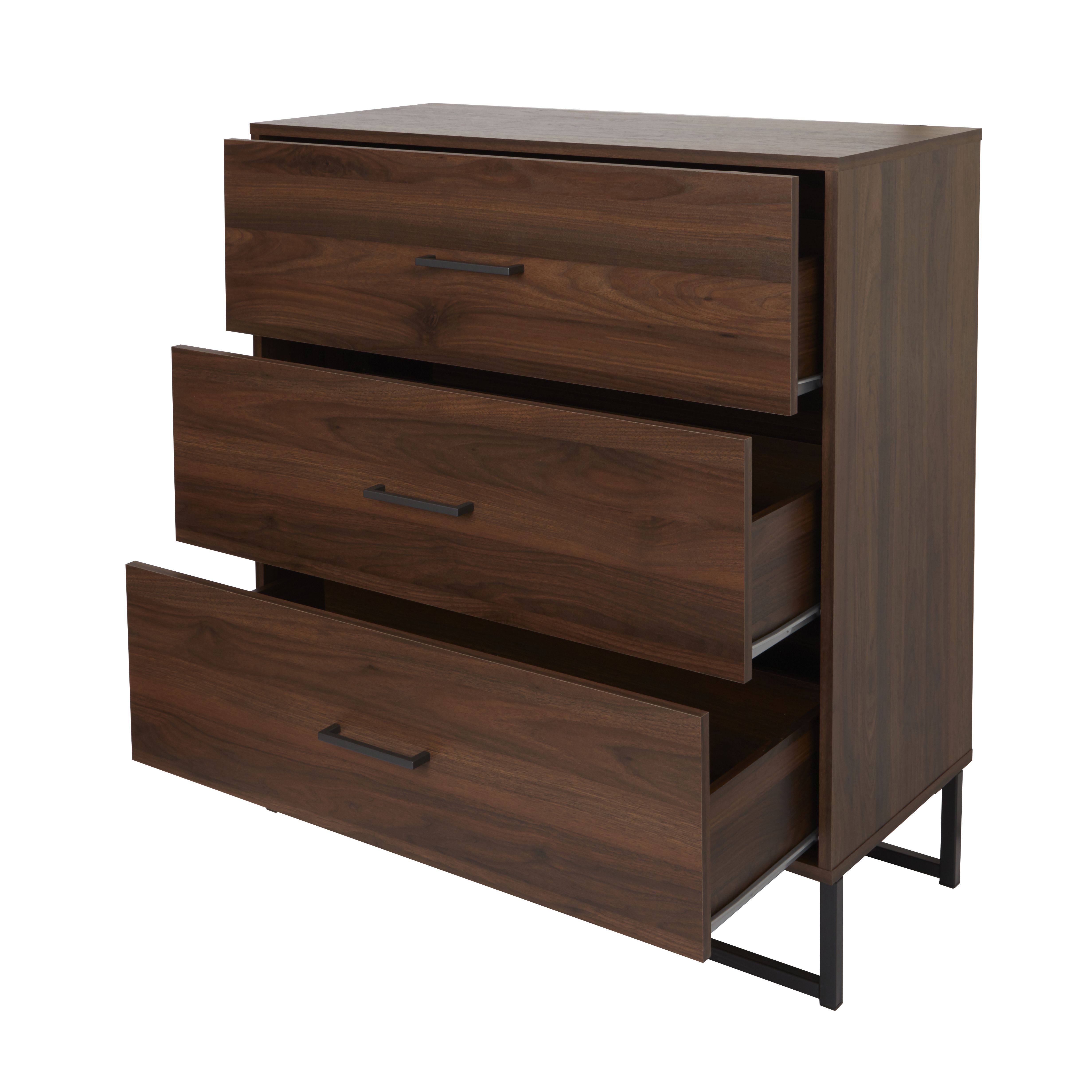 Zorras Matt walnut effect 3 Drawer Industrial Deep Chest (H)950mm (W)850mm (D)400mm