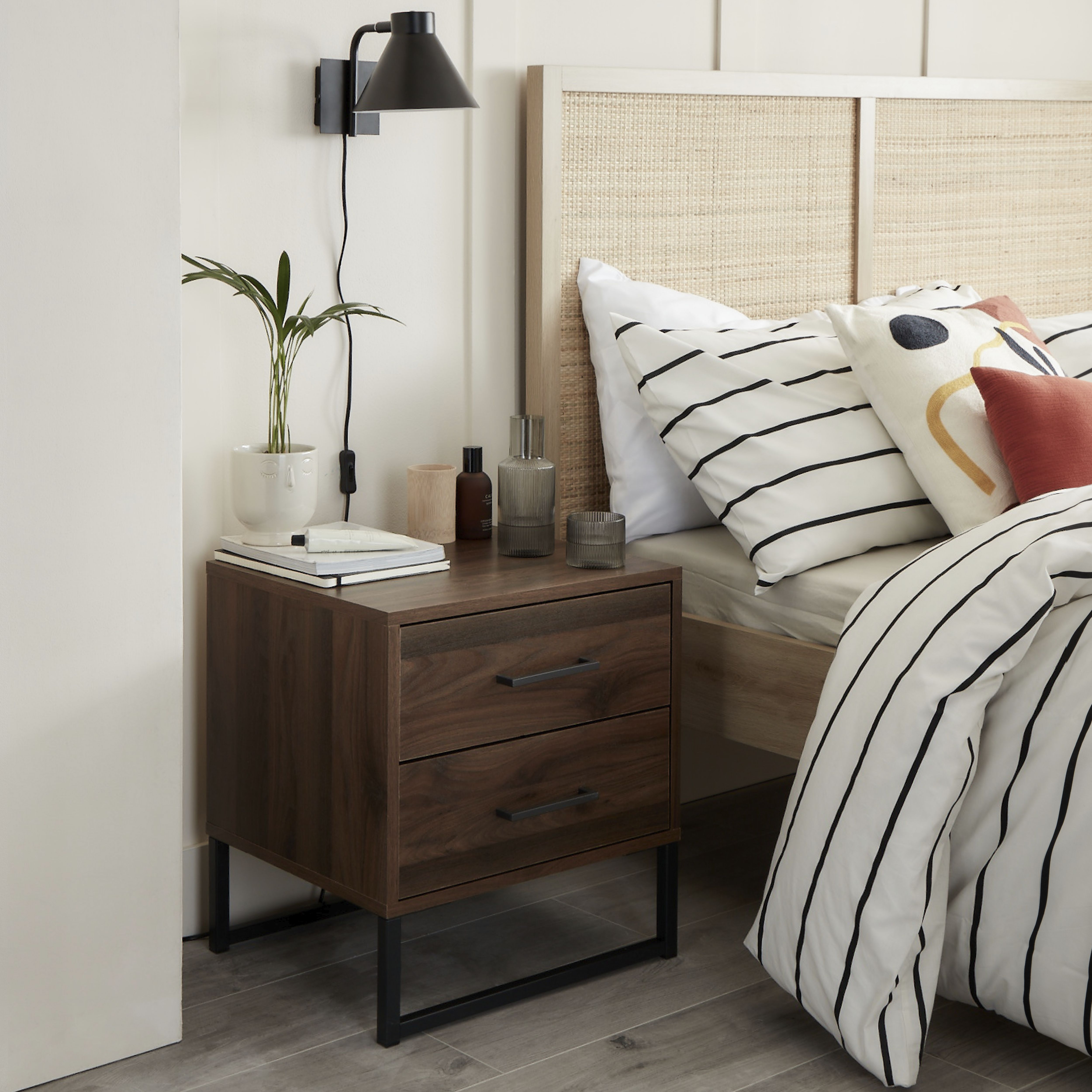 Zorras Walnut effect 2 Drawer Deep Bedside table (H)500mm (W)460mm (D)400mm
