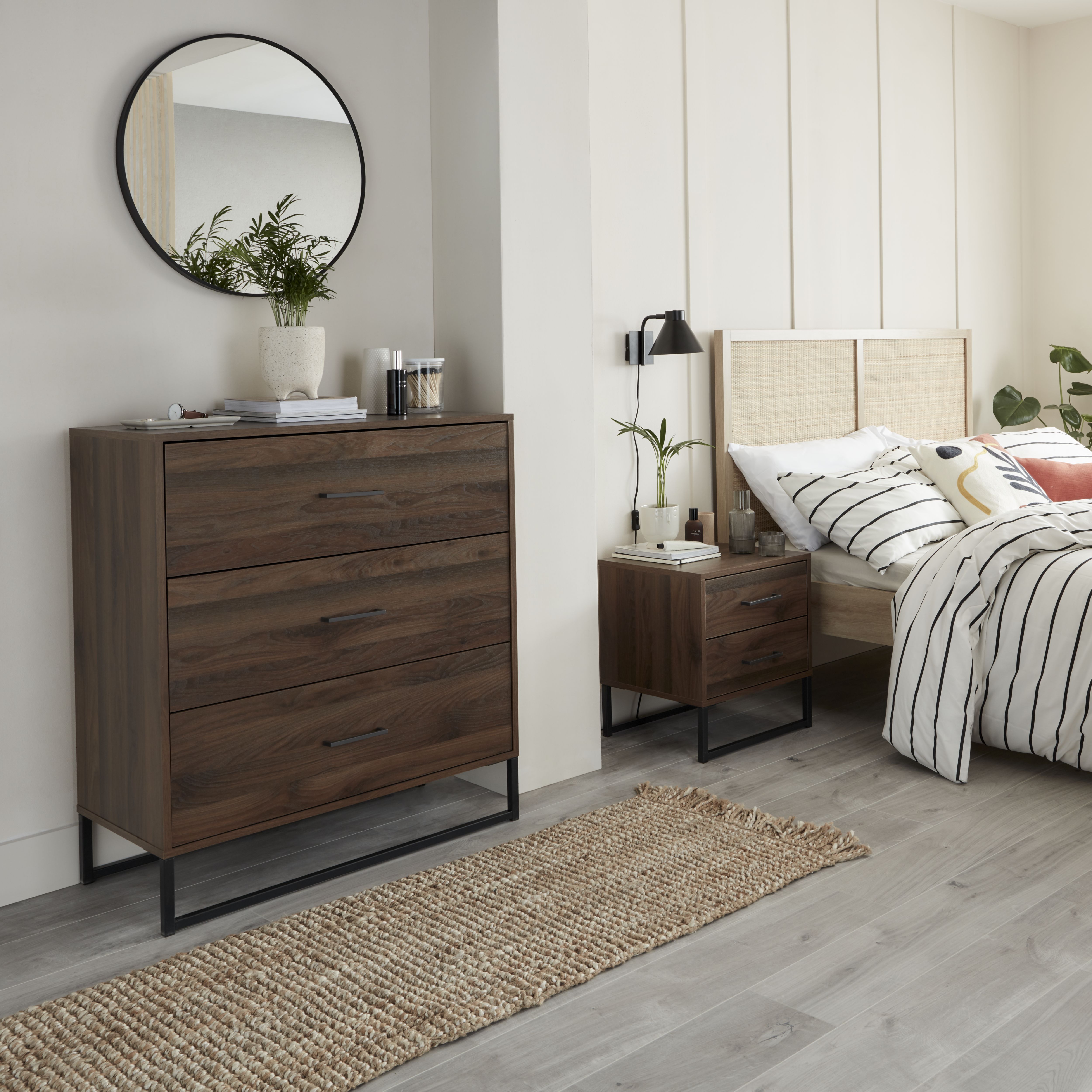 Zorras Walnut effect 2 Drawer Deep Bedside table (H)500mm (W)460mm (D)400mm