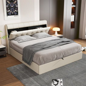 (4ft6), Double Bed,Concealed Headboard Storage,PU,With Slats and Headboard,Without Mattress,Cream White 