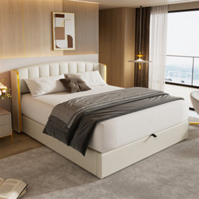 (4ft6), Double Bed, Gold Edge Ear Design, Bed Box with Storage, PU, With Slat Frame and Headboard, Without Mattress, Beige