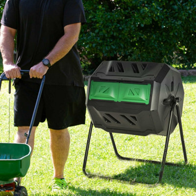 (Black, 160L) Outsunny Outdoor Tumbling Compost Bin with Dual Chamber