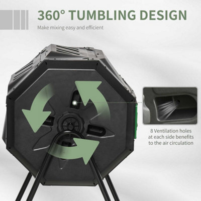 (Black, 160L) Outsunny Outdoor Tumbling Compost Bin with Dual Chamber