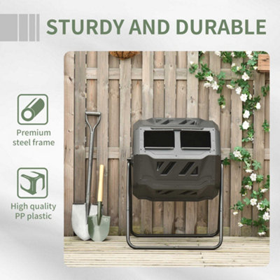 (Black, 160L) Outsunny Outdoor Tumbling Compost Bin with Dual Chamber