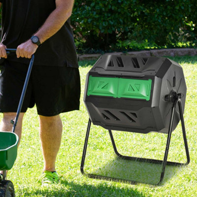 (Black, 160L) Outsunny Outdoor Tumbling Compost Bin with Dual Chamber