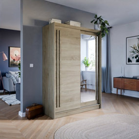 "Effect 2 Sliding Mirrored Door Wardrobe in Oak Sonoma - W1500mm H2160mm D590mm, Functional and Elegant