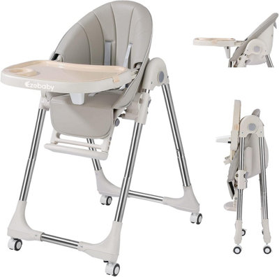 (Grey) Foldable Reclining Highchair with Food Tray, Wheels, Safety