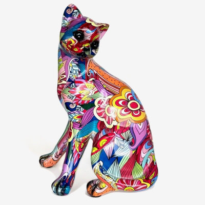'Groovy Art' Cat figurine, bright colour novelty design home decoration, height 22cm