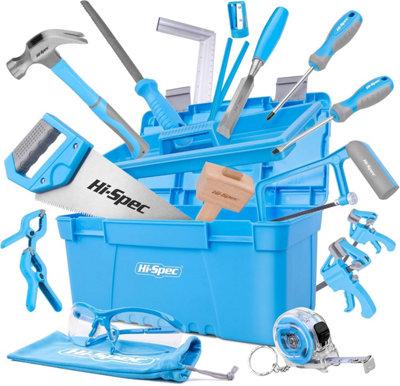 "Hi-Spec 25pc Blue Beginners Carpentry Tool Kit Set. Complete Real Hand Tools for DIY Starters & Kids. Gift for Boys