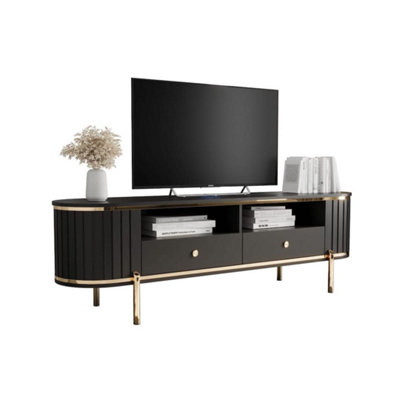  New York 181cm TV Cabinet in Sleek Black - Spacious Entertainment Unit with Ribbed Fronts and Metal Accents