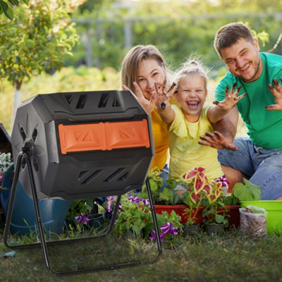 (Orange, 160L) Outsunny Outdoor Tumbling Compost Bin with Dual Chamber