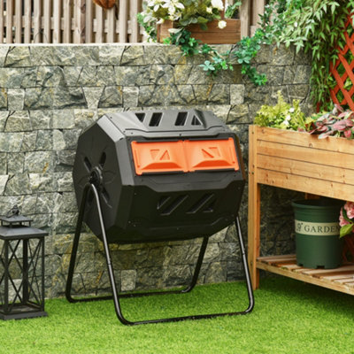 (Orange, 160L) Outsunny Outdoor Tumbling Compost Bin with Dual Chamber