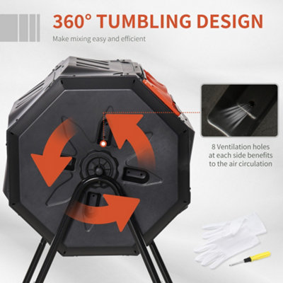 (Orange, 160L) Outsunny Outdoor Tumbling Compost Bin with Dual Chamber