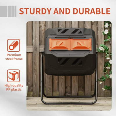 (Orange, 160L) Outsunny Outdoor Tumbling Compost Bin with Dual Chamber