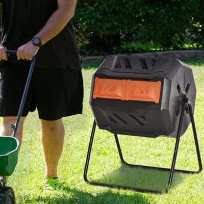 (Orange, 160L) Outsunny Outdoor Tumbling Compost Bin with Dual Chamber