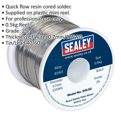 0.5kg Quick Flow Solder Wire Cable Reel Drum - 0.7mm 22SWG - 40/60 Tin/Lead
