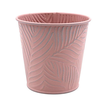 0.6L Pastel Pink Metal Planter Garden Herbs Plant 11cm Pot Embossed Leaf Bowl