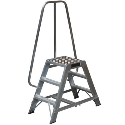 0.7m Heavy Duty Double Sided Fixed Step Ladders Safety Handrail & Wide Platform