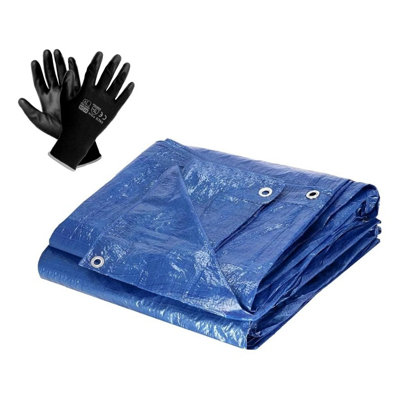 0.9 x 1 m Tarpaulin Cover - Blue 50GSM - Waterproof, Weatherproof, Frost-Resistant, UV Protection + Work Gloves